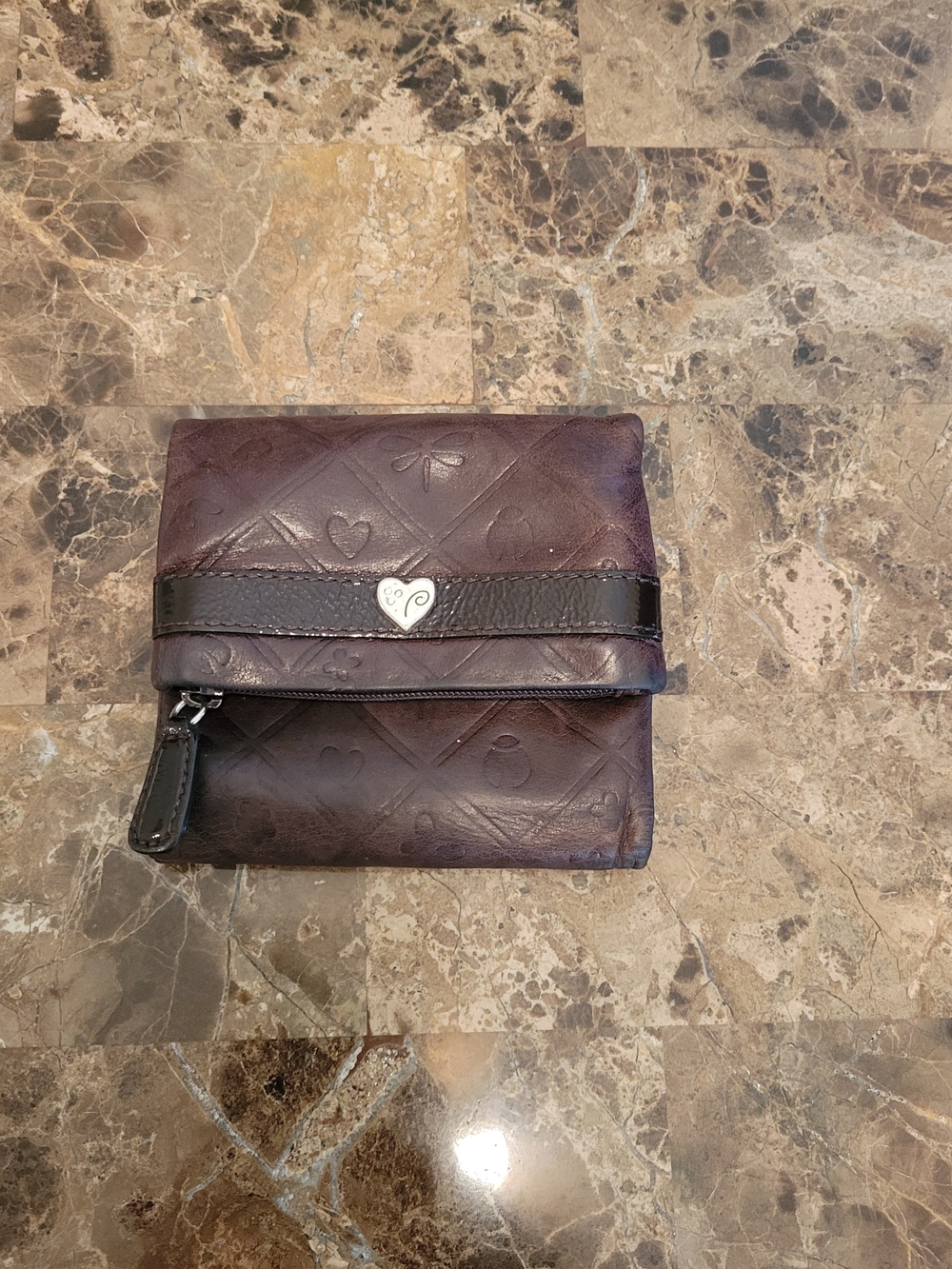 Brighton Dark Brown Embossed Leather Wallet with Heart Accent